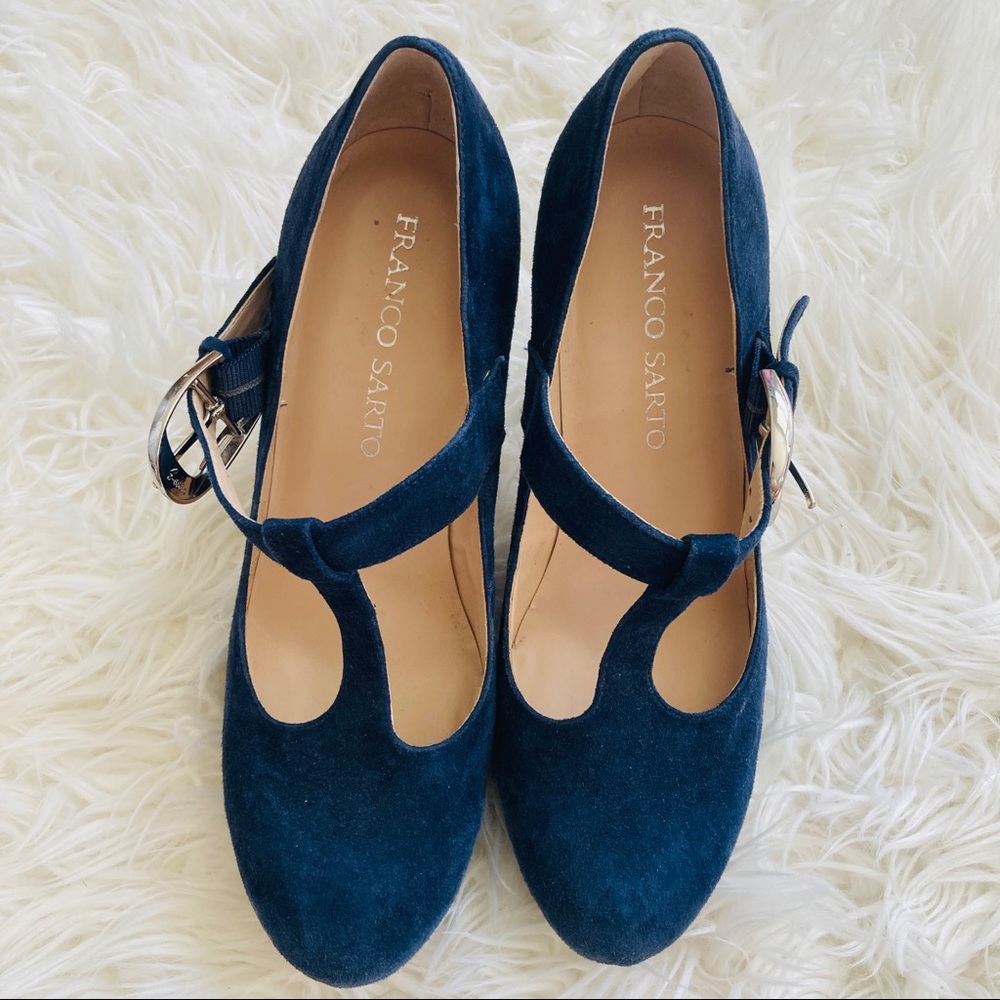 Franco Sarto | Blue Suede T-Strap Heels - Picture 2 of 6